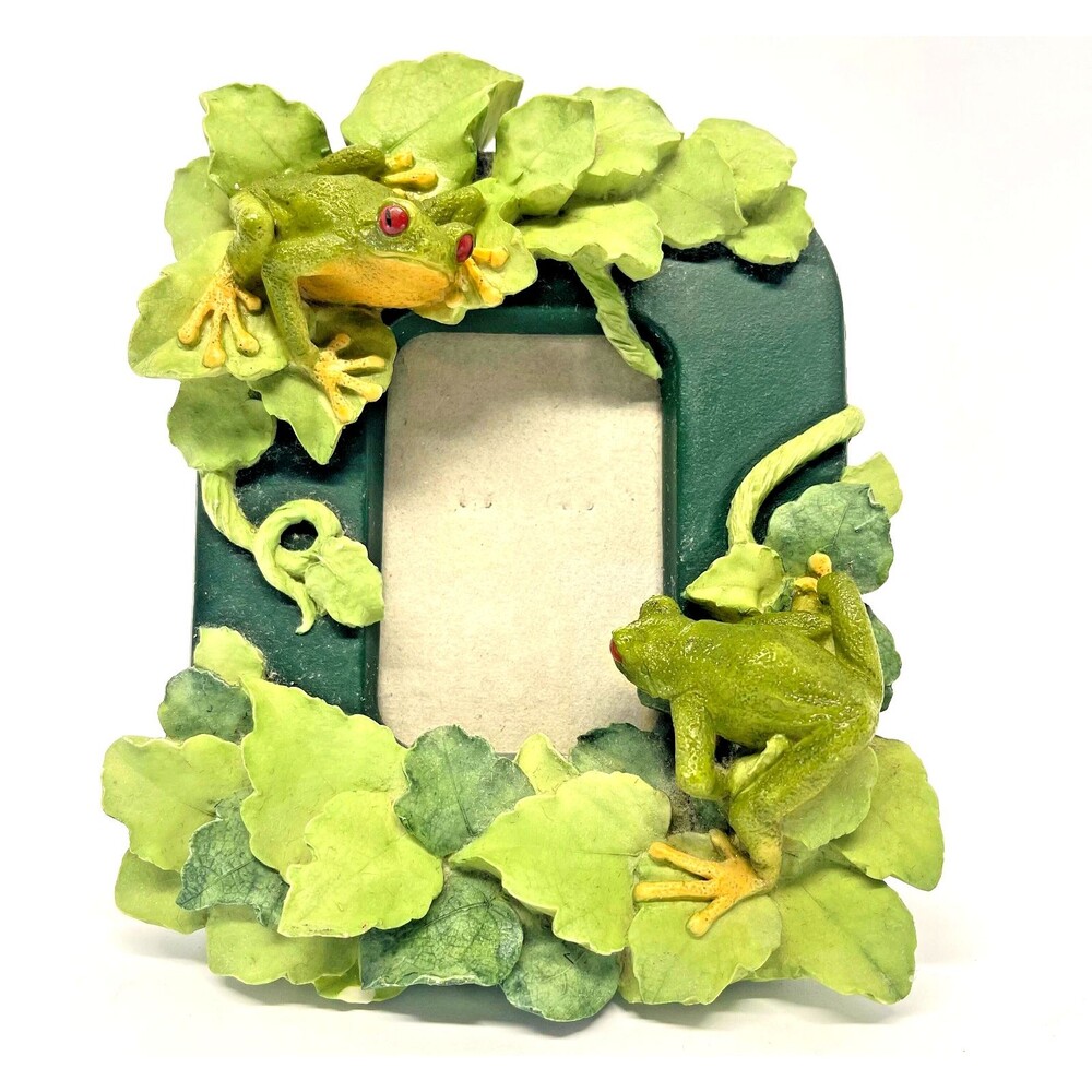 Vintage 1990s Fancy Frames Treefrogs 3D Floral Resin 2.5x3 Green Picture Frame